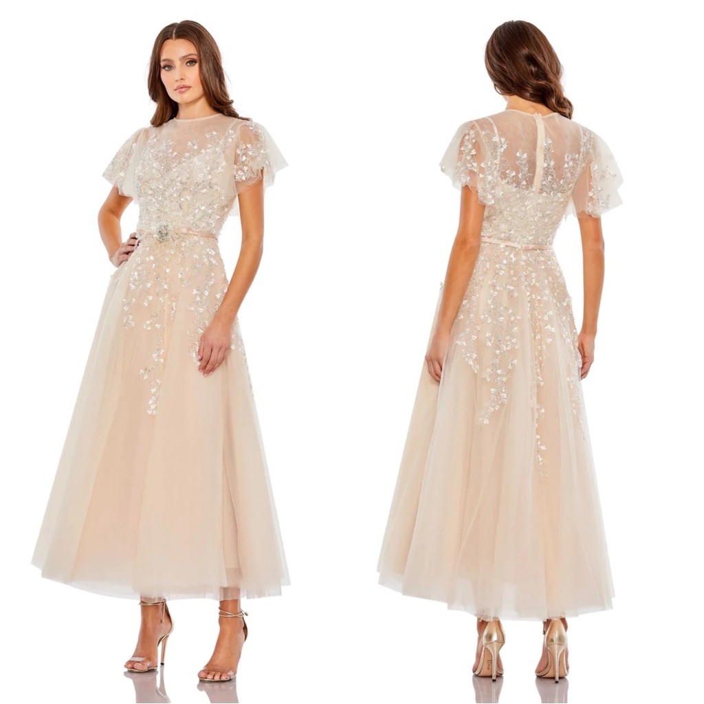 Mac Duggal 20362 Embellished Flutter Sleeve Bow Waist A-Line Dress Nwt Nude
